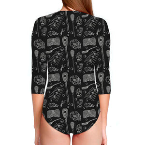 Doodle Lacrosse Pattern Print Long Sleeve Swimsuit