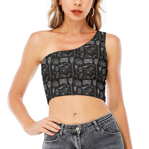 Doodle Lacrosse Pattern Print One Shoulder Crop Top