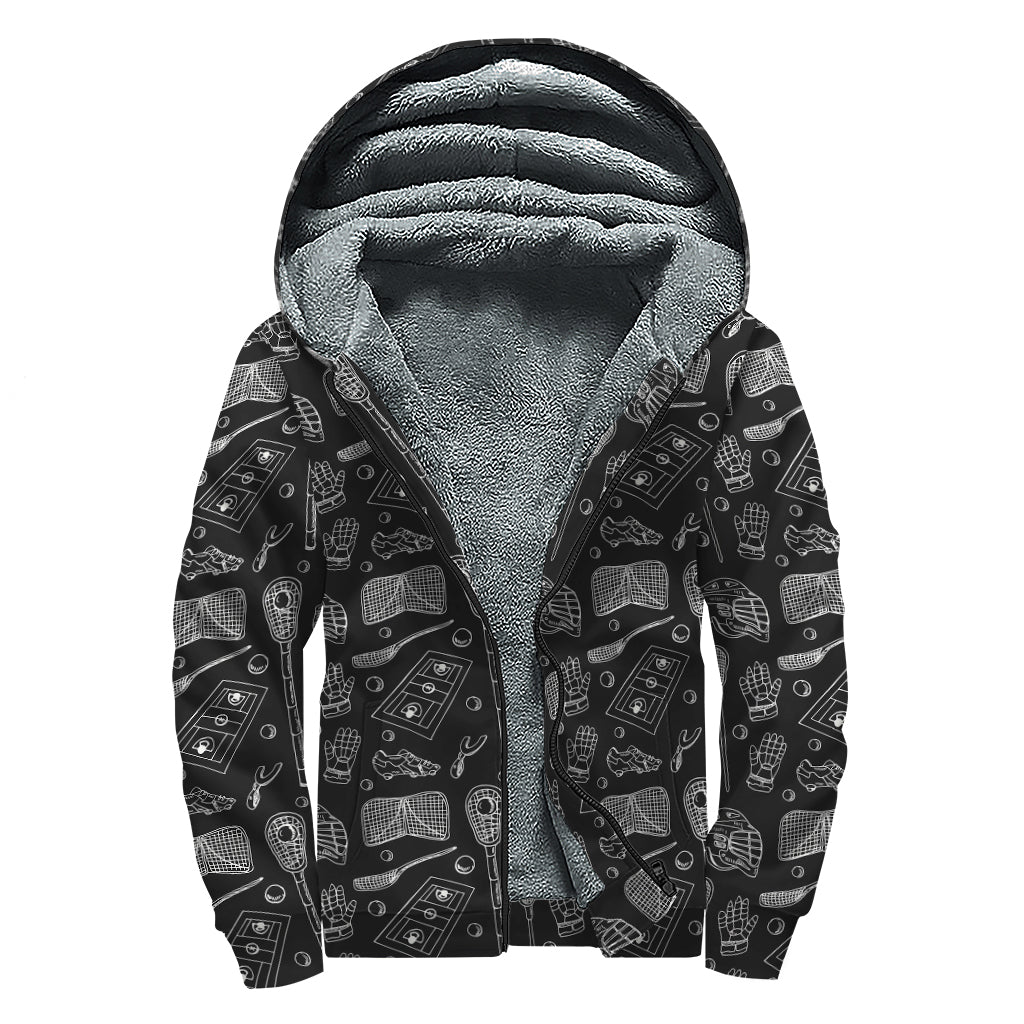 Doodle Lacrosse Pattern Print Sherpa Lined Zip Up Hoodie