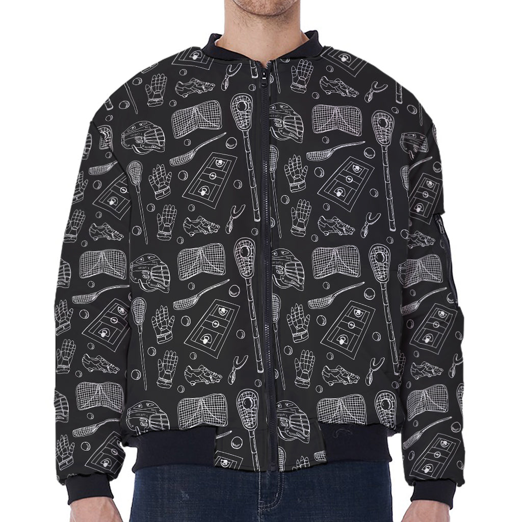 Doodle Lacrosse Pattern Print Zip Sleeve Bomber Jacket