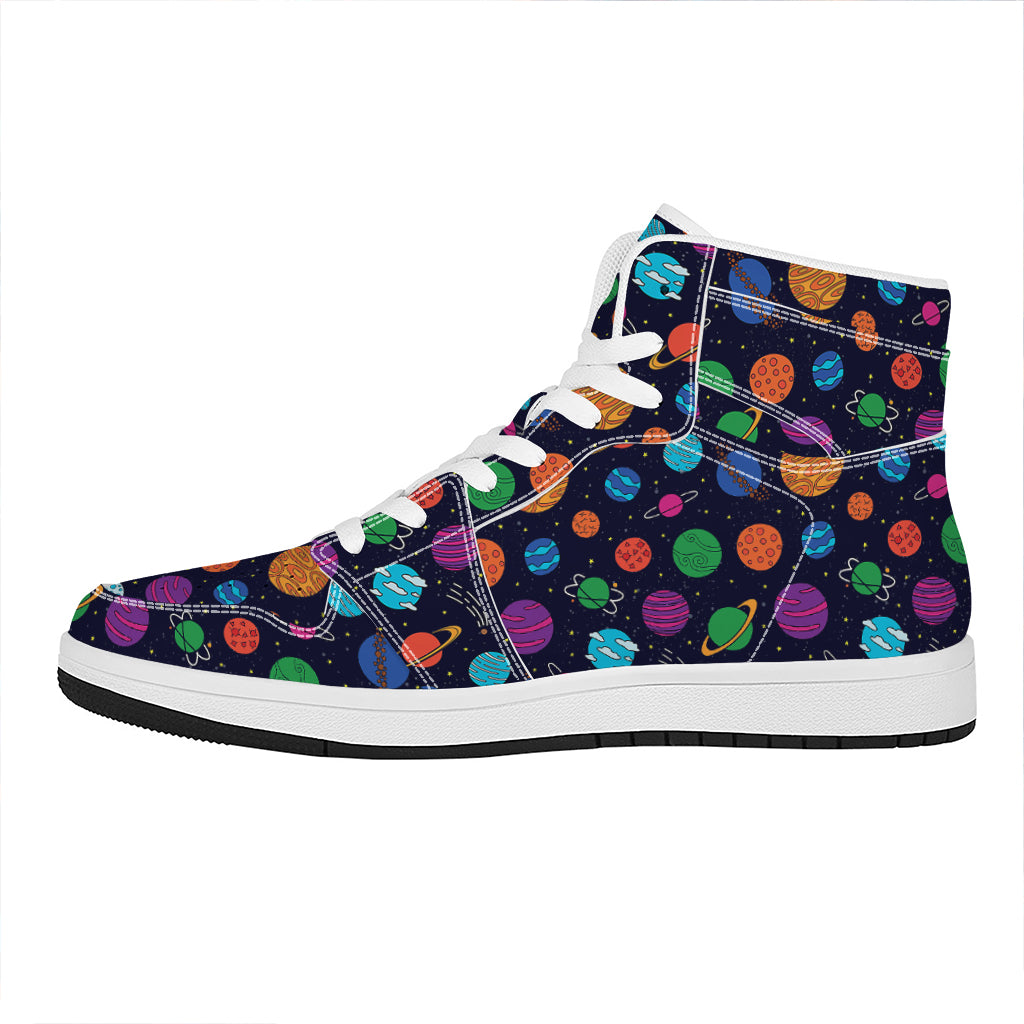 Doodle Planets Pattern Print High Top Leather Sneakers