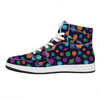 Doodle Planets Pattern Print High Top Leather Sneakers