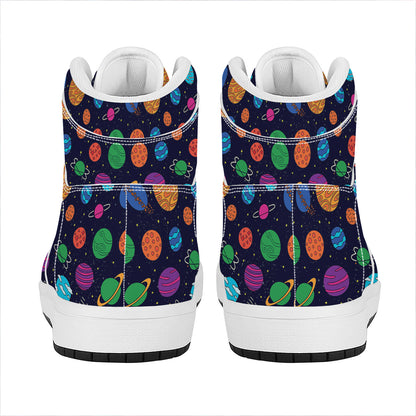 Doodle Planets Pattern Print High Top Leather Sneakers