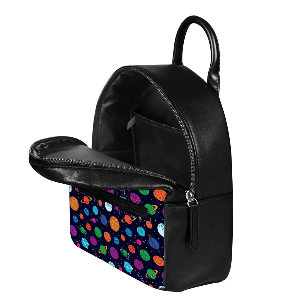 Doodle Planets Pattern Print Leather Backpack