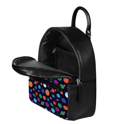 Doodle Planets Pattern Print Leather Backpack