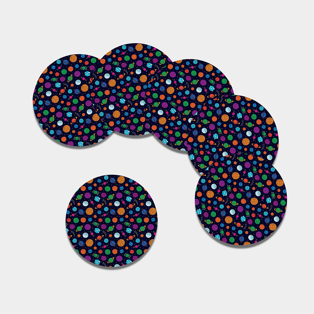 Doodle Planets Pattern Print Leather Coaster Set