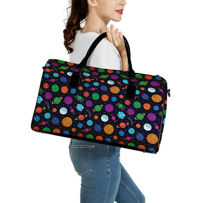 Doodle Planets Pattern Print Leather Duffle Bag