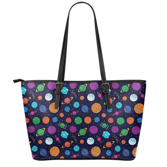 Doodle Planets Pattern Print Leather Tote Bag