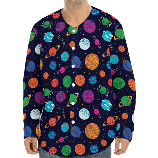 Doodle Planets Pattern Print Long Sleeve Baseball Jersey