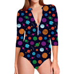 Doodle Planets Pattern Print Long Sleeve Swimsuit
