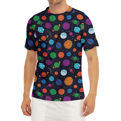 Doodle Planets Pattern Print Men's Short Sleeve Rash Guard
