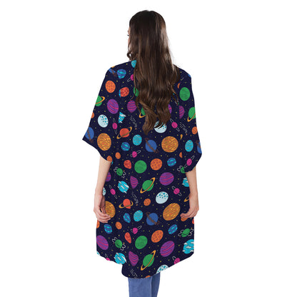 Doodle Planets Pattern Print Open Front Beach Cover Up