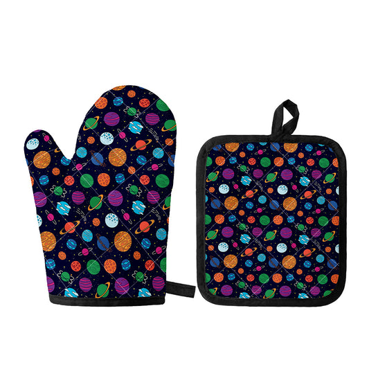 Doodle Planets Pattern Print Oven Mitt And Pot Holder Set