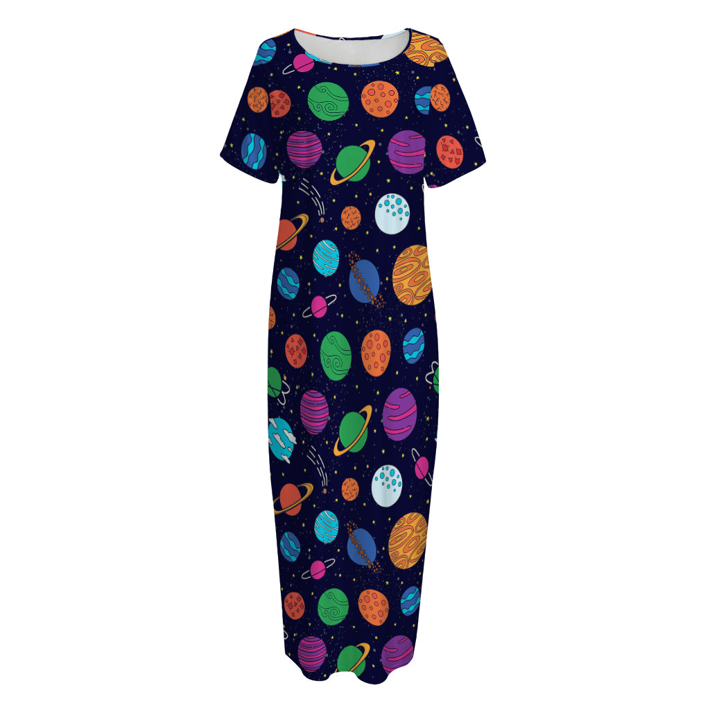 Doodle Planets Pattern Print Short Sleeve Long Nightdress