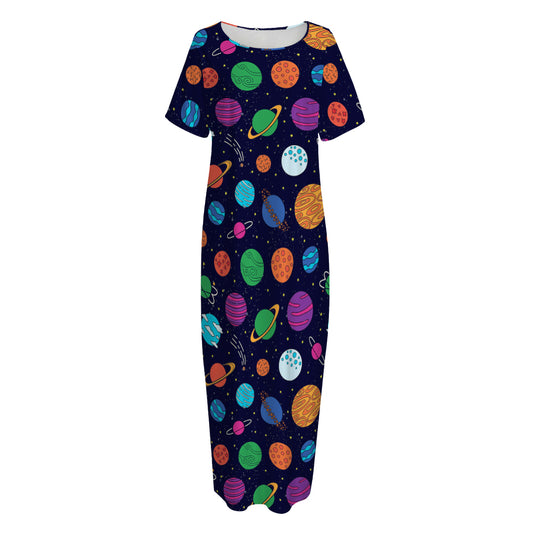 Doodle Planets Pattern Print Short Sleeve Long Nightdress
