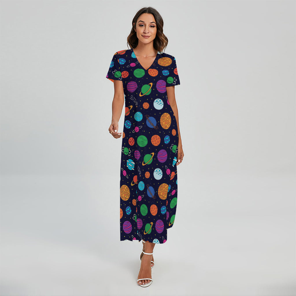 Doodle Planets Pattern Print Short Sleeve Maxi Dress