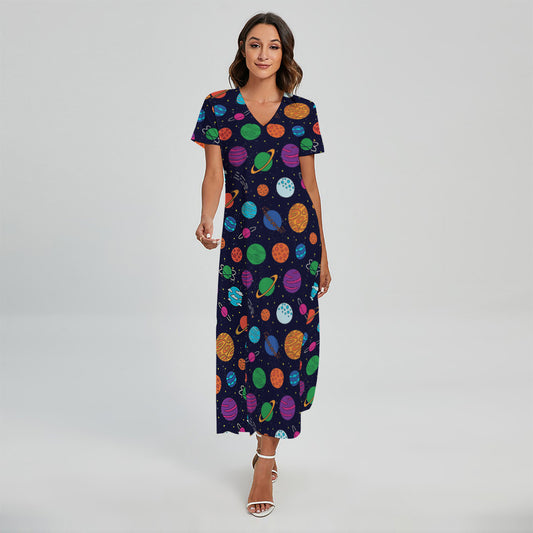 Doodle Planets Pattern Print Short Sleeve Maxi Dress