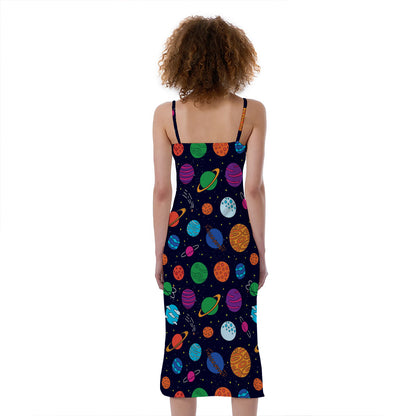 Doodle Planets Pattern Print Slim Fit Midi Cami Dress