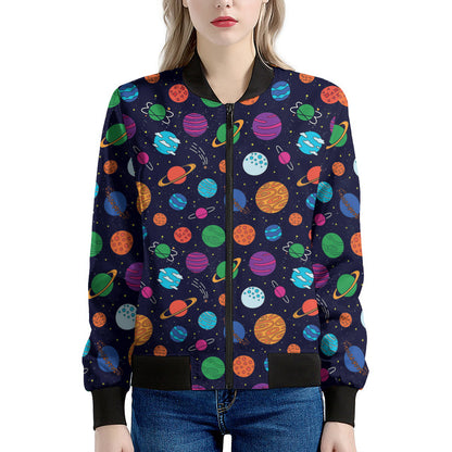 Doodle Planets Pattern Print Women's Bomber Jacket