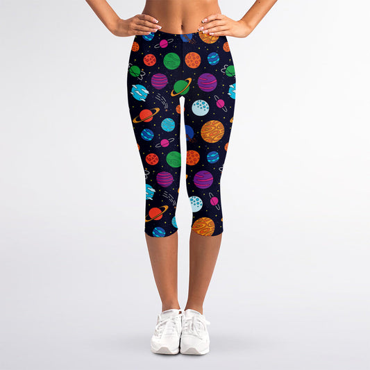 Doodle Planets Pattern Print Women's Capri Leggings