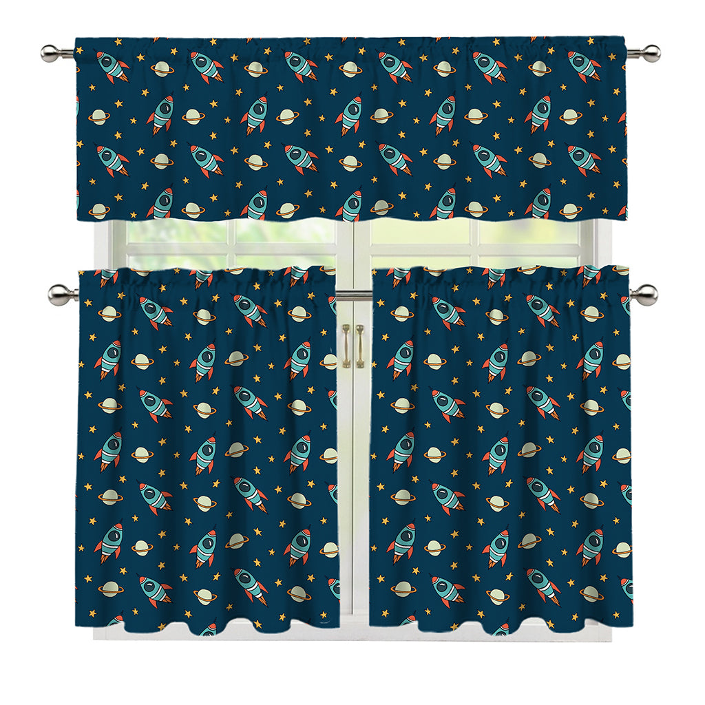 Doodle Rocket Pattern Print 3 Piece Kitchen Curtains