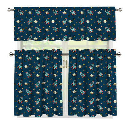 Doodle Rocket Pattern Print 3 Piece Kitchen Curtains