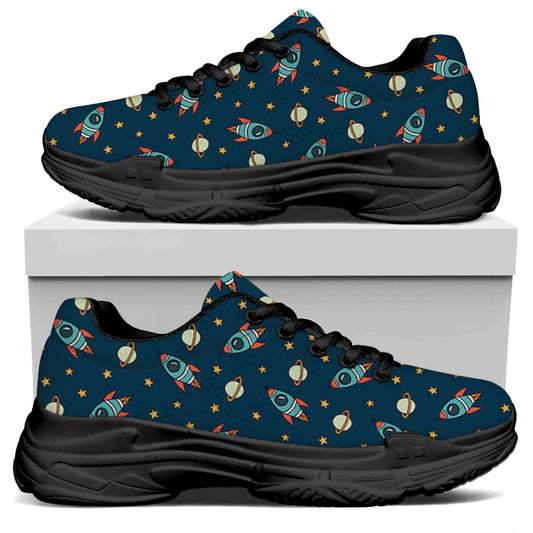Doodle Rocket Pattern Print Black Chunky Shoes