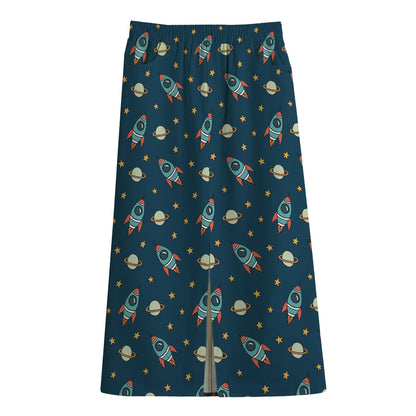 Doodle Rocket Pattern Print Cotton Front Slit Maxi Skirt