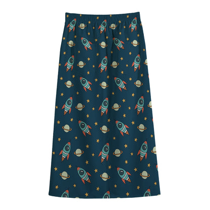Doodle Rocket Pattern Print Cotton Front Slit Maxi Skirt