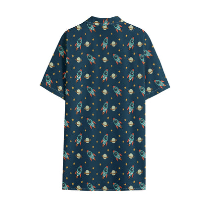 Doodle Rocket Pattern Print Cotton Hawaiian Shirt