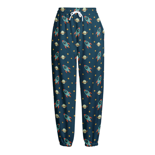 Doodle Rocket Pattern Print Fleece Lined Knit Pants