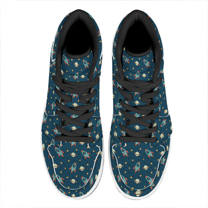 Doodle Rocket Pattern Print High Top Leather Sneakers