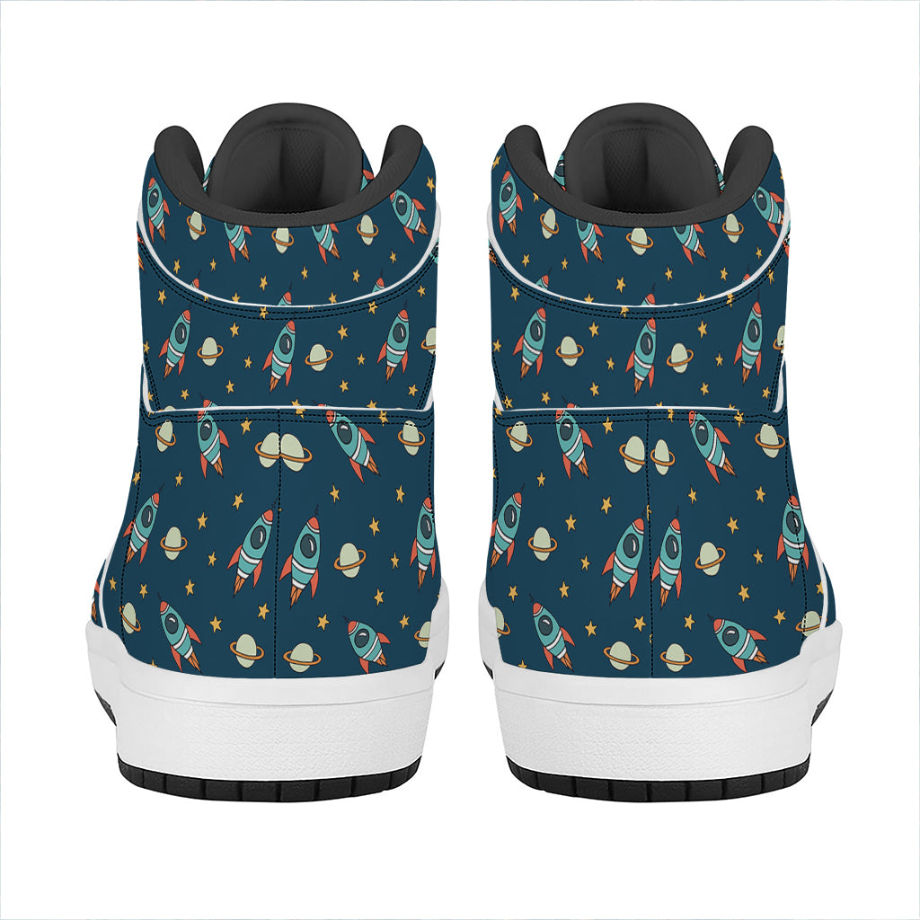 Doodle Rocket Pattern Print High Top Leather Sneakers