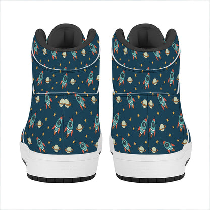Doodle Rocket Pattern Print High Top Leather Sneakers