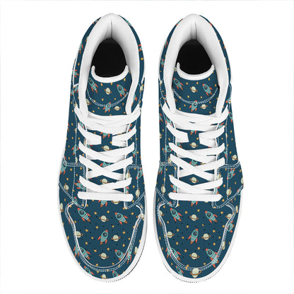 Doodle Rocket Pattern Print High Top Leather Sneakers