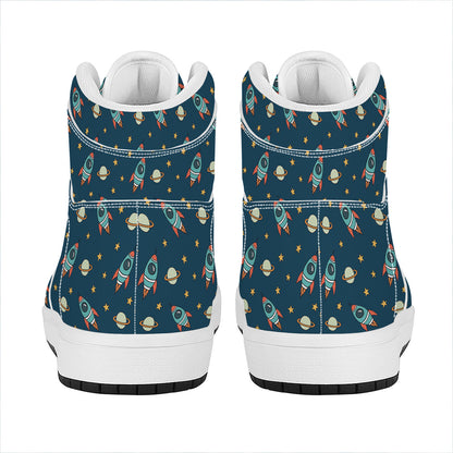 Doodle Rocket Pattern Print High Top Leather Sneakers