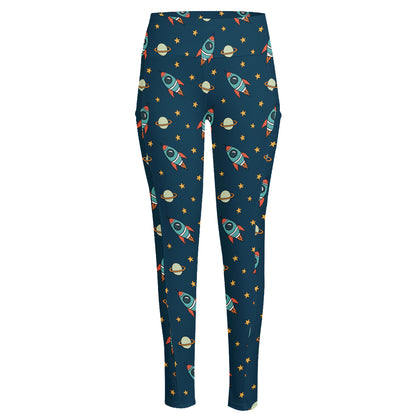 Doodle Rocket Pattern Print High-Waisted Pocket Leggings