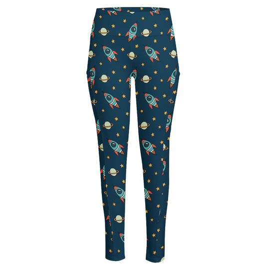 Doodle Rocket Pattern Print High-Waisted Pocket Leggings