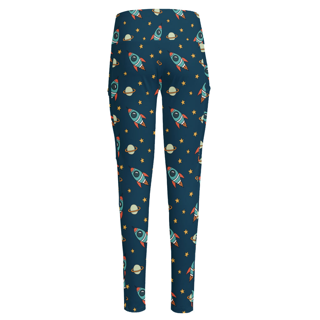 Doodle Rocket Pattern Print High-Waisted Pocket Leggings