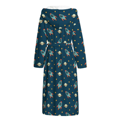 Doodle Rocket Pattern Print Hooded Bathrobe