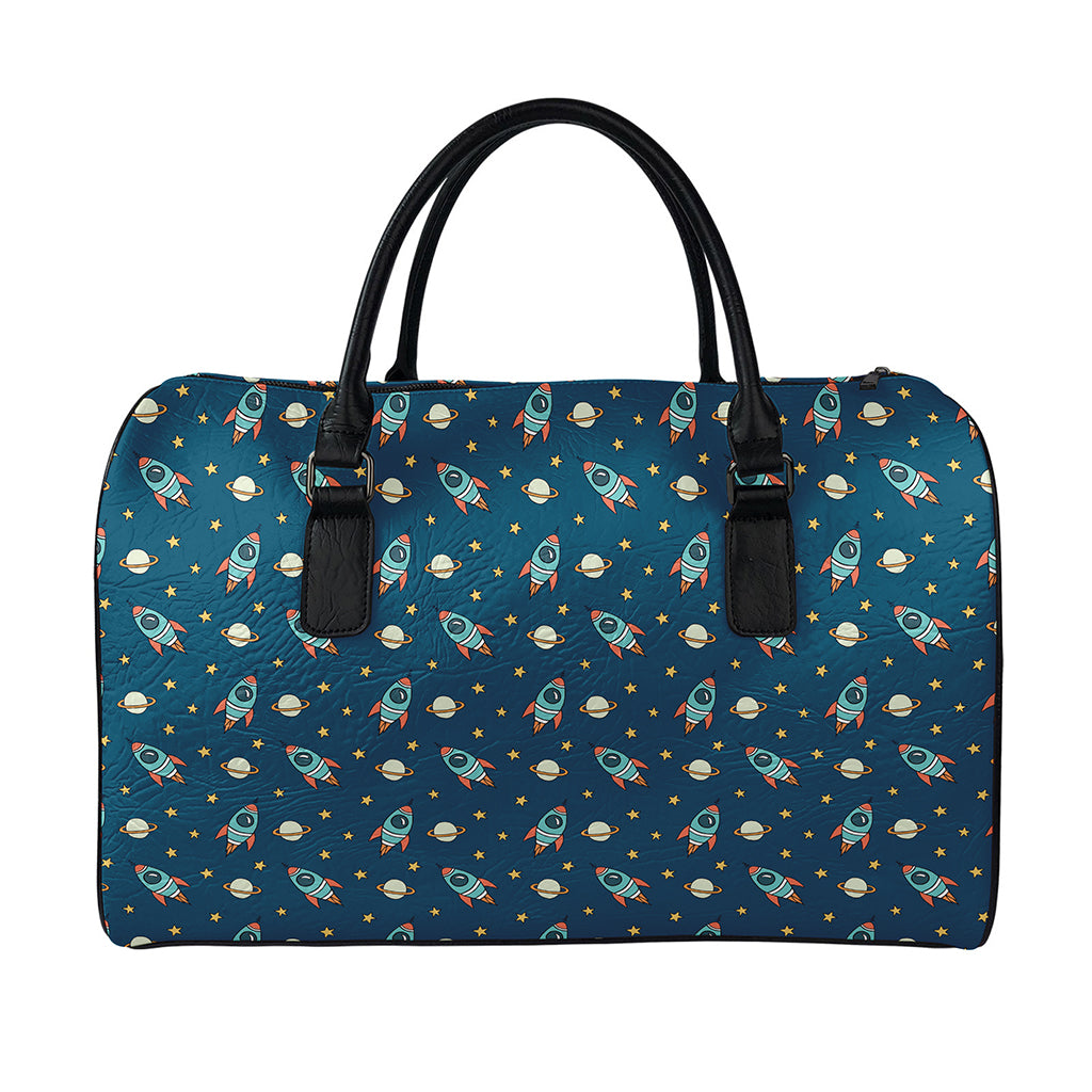 Doodle Rocket Pattern Print Leather Duffle Bag