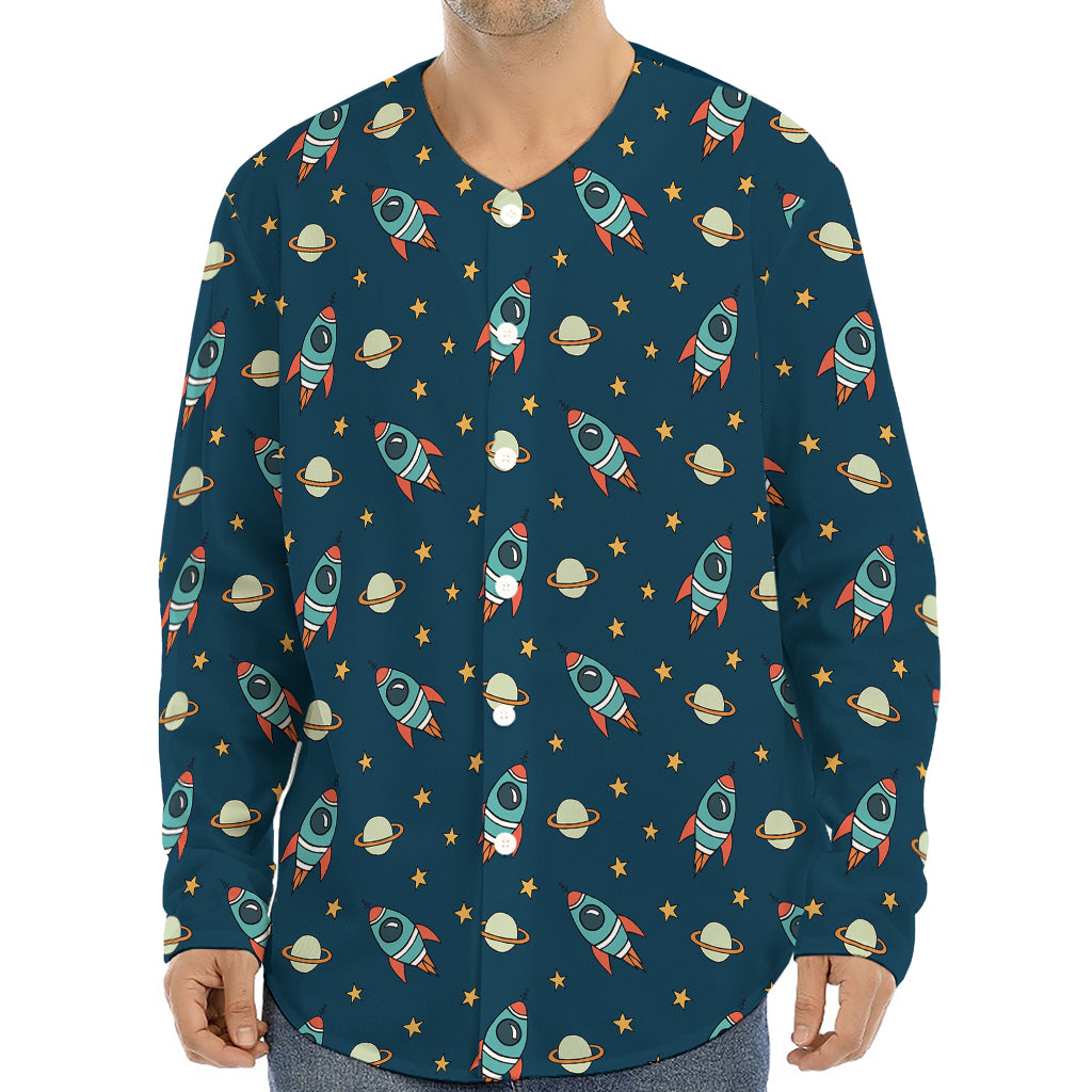 Doodle Rocket Pattern Print Long Sleeve Baseball Jersey
