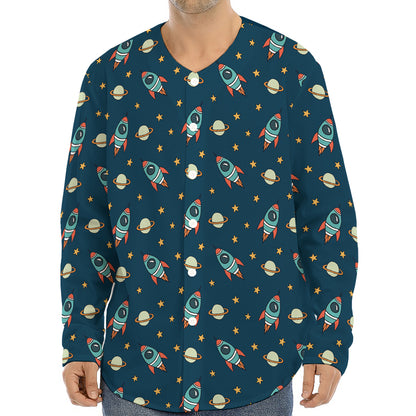 Doodle Rocket Pattern Print Long Sleeve Baseball Jersey