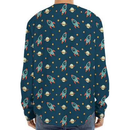 Doodle Rocket Pattern Print Long Sleeve Baseball Jersey