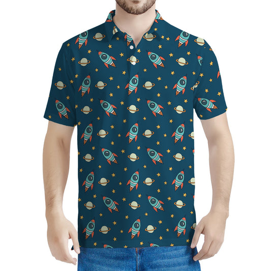Doodle Rocket Pattern Print Men's Polo Shirt