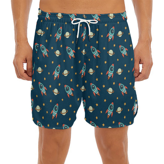 Doodle Rocket Pattern Print Men's Split Running Shorts
