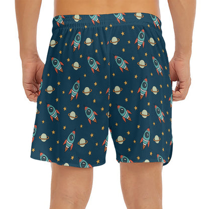 Doodle Rocket Pattern Print Men's Split Running Shorts