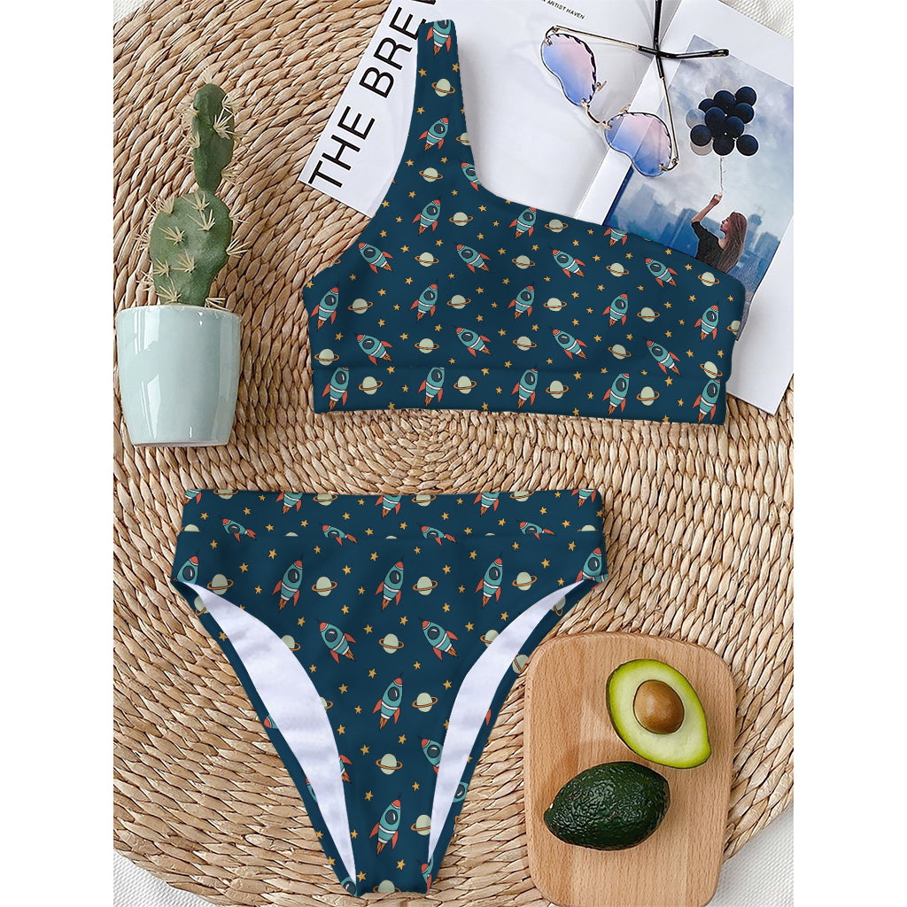 Doodle Rocket Pattern Print One Shoulder Bikini Top