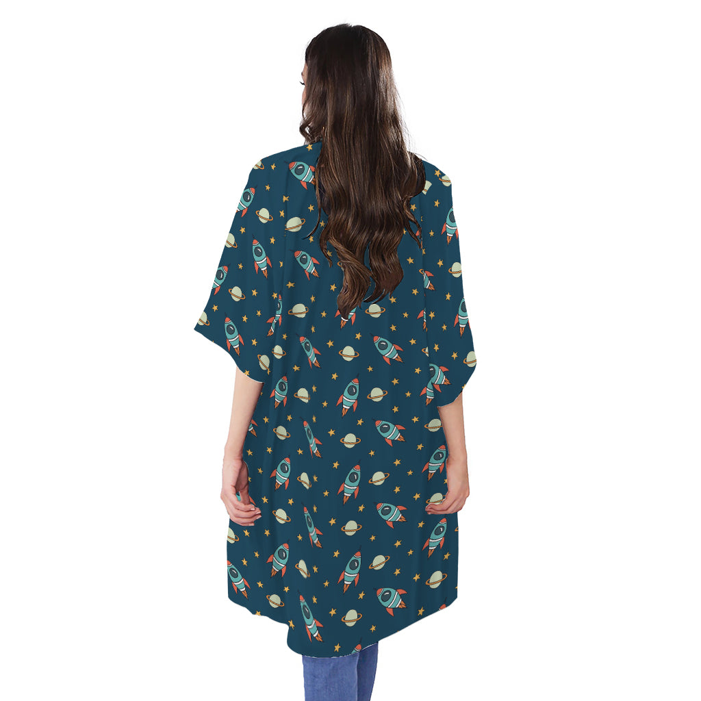Doodle Rocket Pattern Print Open Front Beach Cover Up