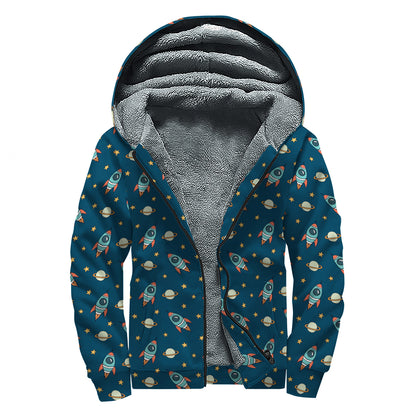 Doodle Rocket Pattern Print Sherpa Lined Zip Up Hoodie